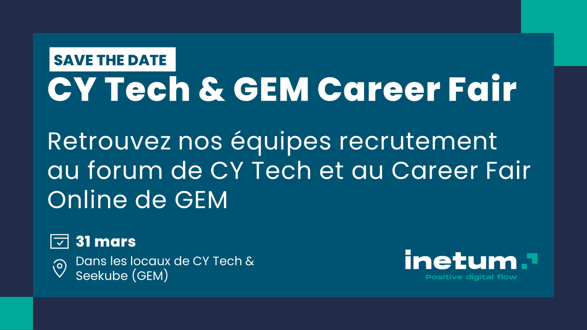 [#Recrutement] Retrouvez nos équipes #recrutement le 31 mars à la rencontre des étudiants de master spécialisés de CY Cergy Paris Université. 

Vous retrouverez également nos équipes #recrutement sur Seekube pour le Career Fair Online de Grenoble Ecole de Management.