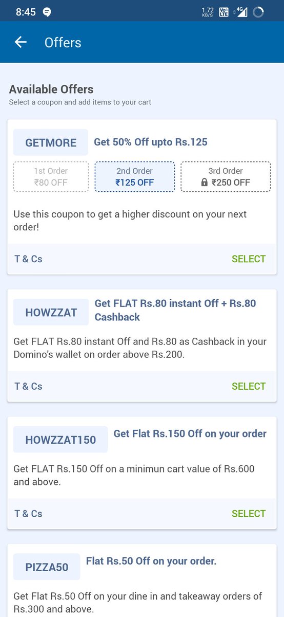 Prajakta_P19's tweet photo. @dominos_india Hi domino's! I have one query! Why I didn't get cashback of 80 after placing order for more than 200rs? As mentioned below? https://t.co/EsAp99y7G9