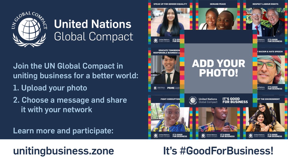 🎉 Join the UN <a href="/globalcompact/">UN Global Compact</a> in #UnitingBusiness for a better world 🌍 by adding your photo to its new campaign and spreading the word across your networks on social media. 

It's #GoodForBusiness! 📚

Learn more and find the #PRME frame here: unitingbusiness.zone