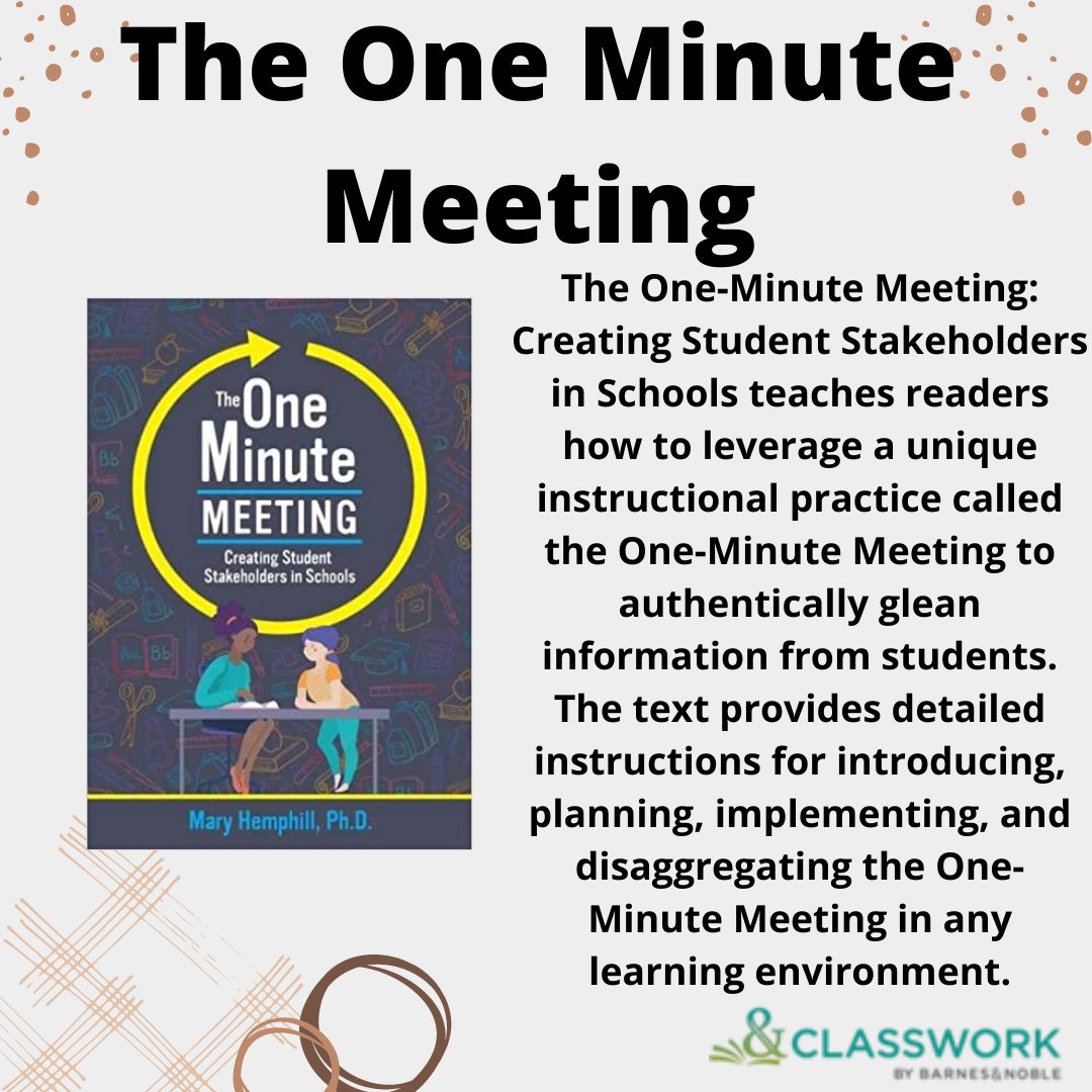 <a href="/ASCD/">ASCD</a> <a href="/DrVMayfield/">Vernita Mayfield</a> <a href="/Harvard_Ed_Pub/">Harvard Education Press</a> <a href="/soortle/">Soo Hong</a> <a href="/Maverikedu12/">Erik M. Francis</a> @PoojaAgarwal <a href="/PatriceBain1/">Patrice Bain</a> <a href="/JBEducation/">JosseyBassEducation</a> <a href="/AlexsPate/">Alexs Pate</a> <a href="/SparkNotes/">SparkNotes</a> <a href="/TchKimPossible/">Dr. Kim Parker (she | her)</a> <a href="/joboaler/">Jo Boaler</a> <a href="/WileyGlobal/">Wiley</a> <a href="/charlesbridge/">Charlesbridge</a> <a href="/KyleneBeers/">Kylene Beers</a> <a href="/BobProbst/">Bob Probst</a> <a href="/Scholastic/">Scholastic</a> Happy #PDMonday! Today's title is The One-Minute Meeting: Creating Student Stakeholders in Schools by @limitless__lady  which provides detailed instructions for introducing, planning, implementing, and disaggregating the One-Minute Meeting in any learning environment.