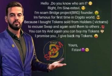 Estavi_scammer's tweet photo. @FEGtoken @RTRcrypto @Ste_Cha_FEG @FEGchris @OG_Bananaman @Omo5000 @wes_spencer @Dom_Feg @StackOverflow @sinaEstavi  (BRG funder)  is a scammer
Brg token = scam
بچه ها به هیچ عنوان توکن بریج ( brg) رو نخرین فاندرش دزد هست تمام توکن های هولدرها رو دزدید به دوستاتون هم اطلاع بدین. 
سینا استوی= شیاد
سینا استوی= دزد
سینا استوی = اسکمر  کثیف 
سینا استوی= فاندر احمق https://t.co/qfbZSgp2Dw
