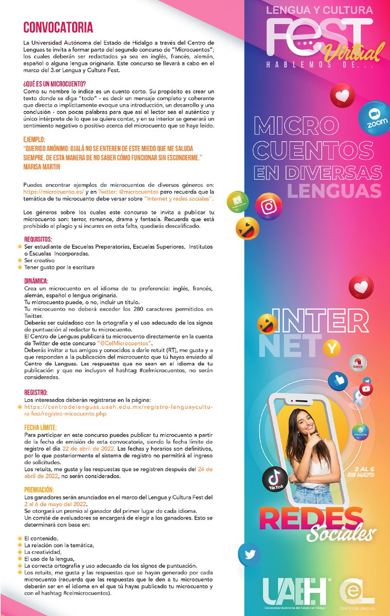 uaeh_cel's tweet photo. TERCER LENGUA Y CULTURA FEST
¿Te gusta escribir y además sabes hablar inglés, francés, alemán o español como lengua extranjera?
Entonces anímate y escribe un microcuento, los mejores ganarán un premio.
¡Participa!
https://t.co/OKMN2vdapd https://t.co/SIIFhefl6U