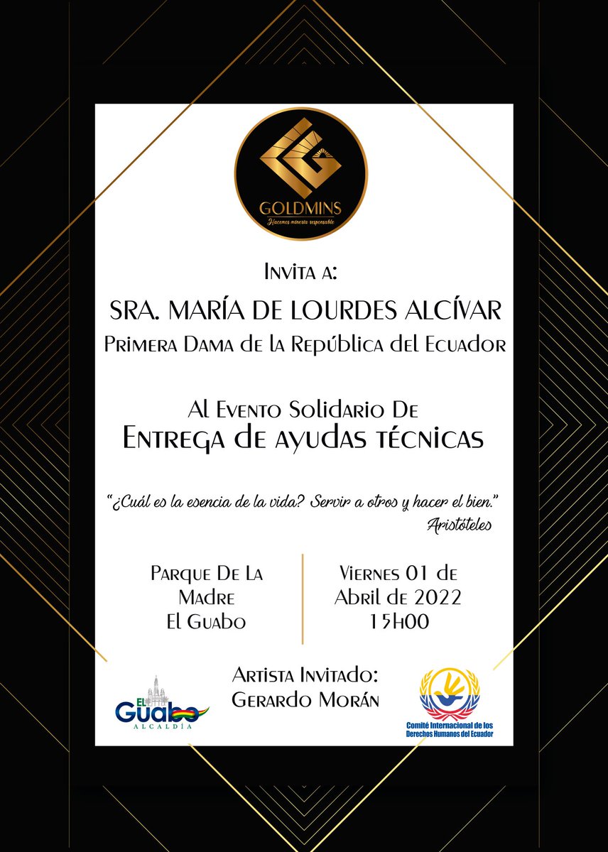 GoldminsEc's tweet photo. Apreciada @MLAlcivar por este medio hacemos llegar de parte de todos los que hacemos Goldmins, esta cordial invitación para el evento de entrega de 300 ayudas técnicas gratuitas en el evento solidario que estamos organizando para personas de escasos recursos.
#ElGuabo #ElOro https://t.co/DWzTgepwI6