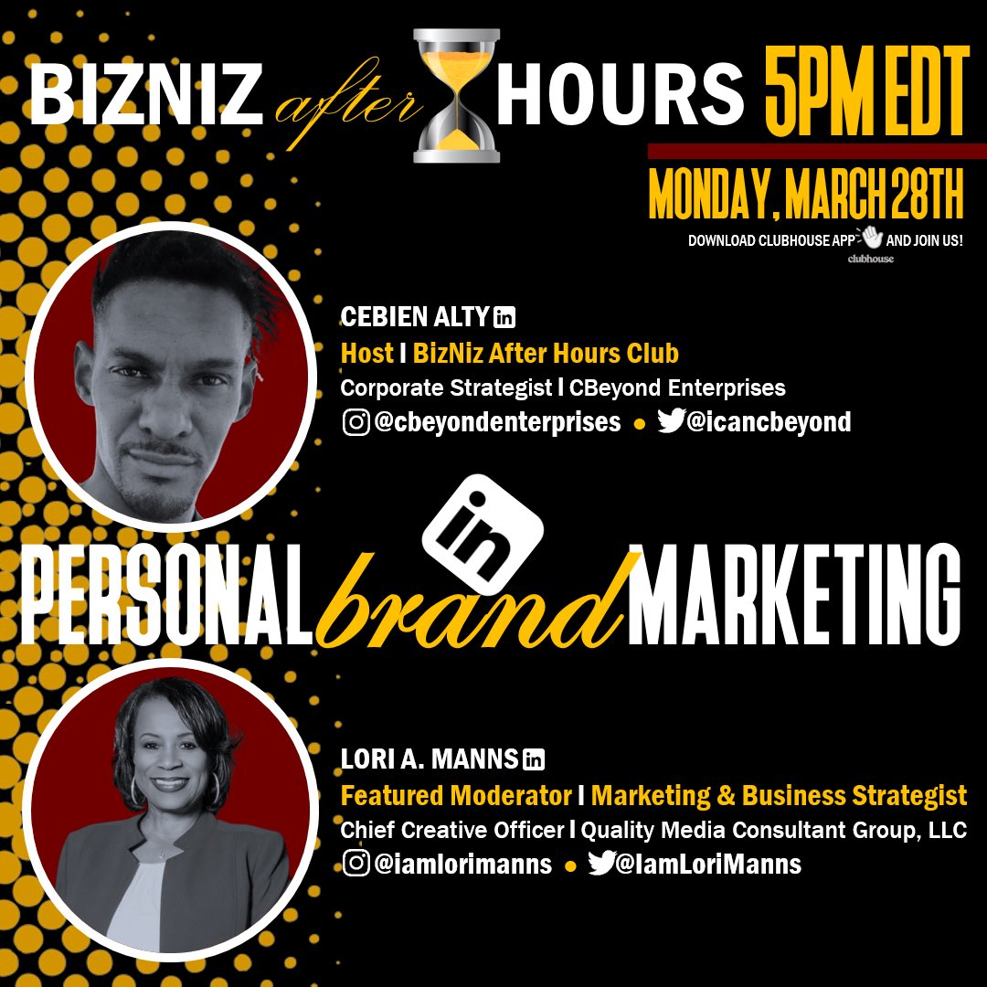 Are you Marketing your Personal Brand on #LinkedIn?

Join our convo 3/28 5PM EDT on <a href="/Clubhouse/">Clubhouse</a> under my BizNiz After Hours Club with Featured Moderator @IamLoriManns and grab these 💎 drops on Personal Brand Marketing.

clubhouse.com/join/bizniz-af…