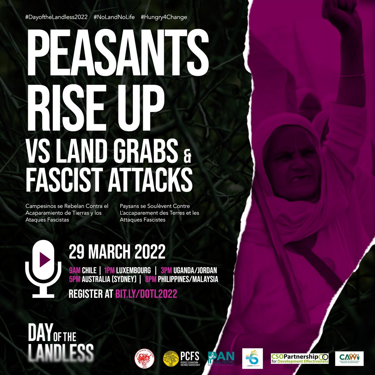 SEE YOU TOMORROW!

Fascism kills farmers. They feed the world, but they cannot do so when they're under attack.

Hear their stories in Peasants Rise Up vs Land Grabs and Fascist Attacks. Register to join: bit.ly/DOTL2022

#NoLandNoLife
#Hungry4Change
#PeopleFightFascism