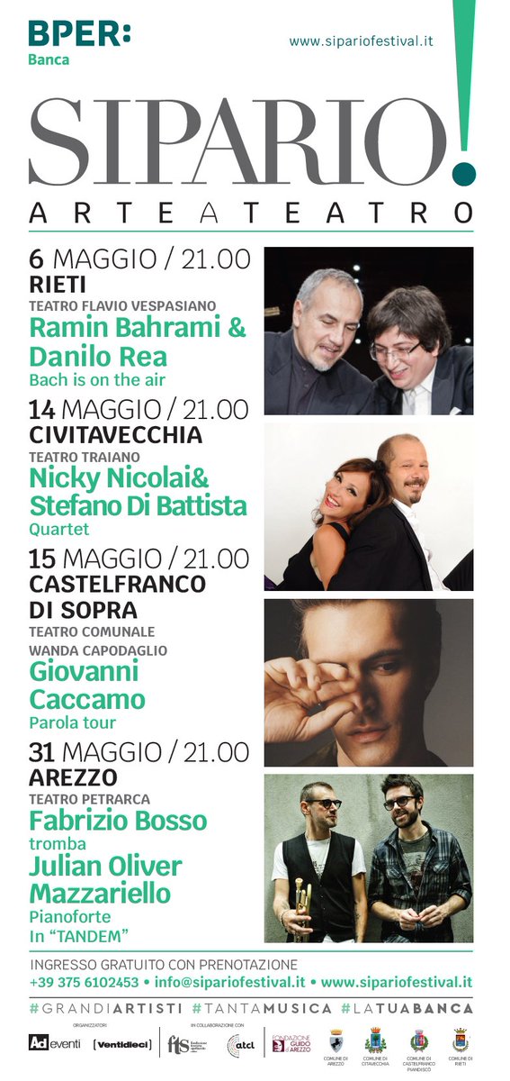 SiparioT's tweet photo. #sipariofestival #Bper #BperBanca #toscana #lazio #RaminBahrami #DaniloRea #NickyNicolai #StefanoDiBattista #FabrizioBosso #JulianOliverMazzariello #adeventi #ventidieci
#grandiartisti #tantamusica #latuabanca
#rieti #civitavecchia #castelfrancopiandisco #arezzo https://t.co/xxXbrqL8Jb