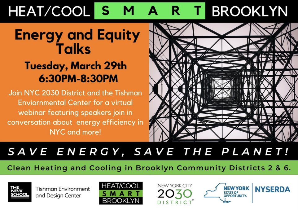 TOMORROW: Join the Tishman Center and the NYC 2030 District for a talk about the hows and whys of energy and equity in the NYC area. This event will feature speakers with expertise on building energy efficiency, and residential solar energy. Register Now: event.newschool.edu/energyequityta…