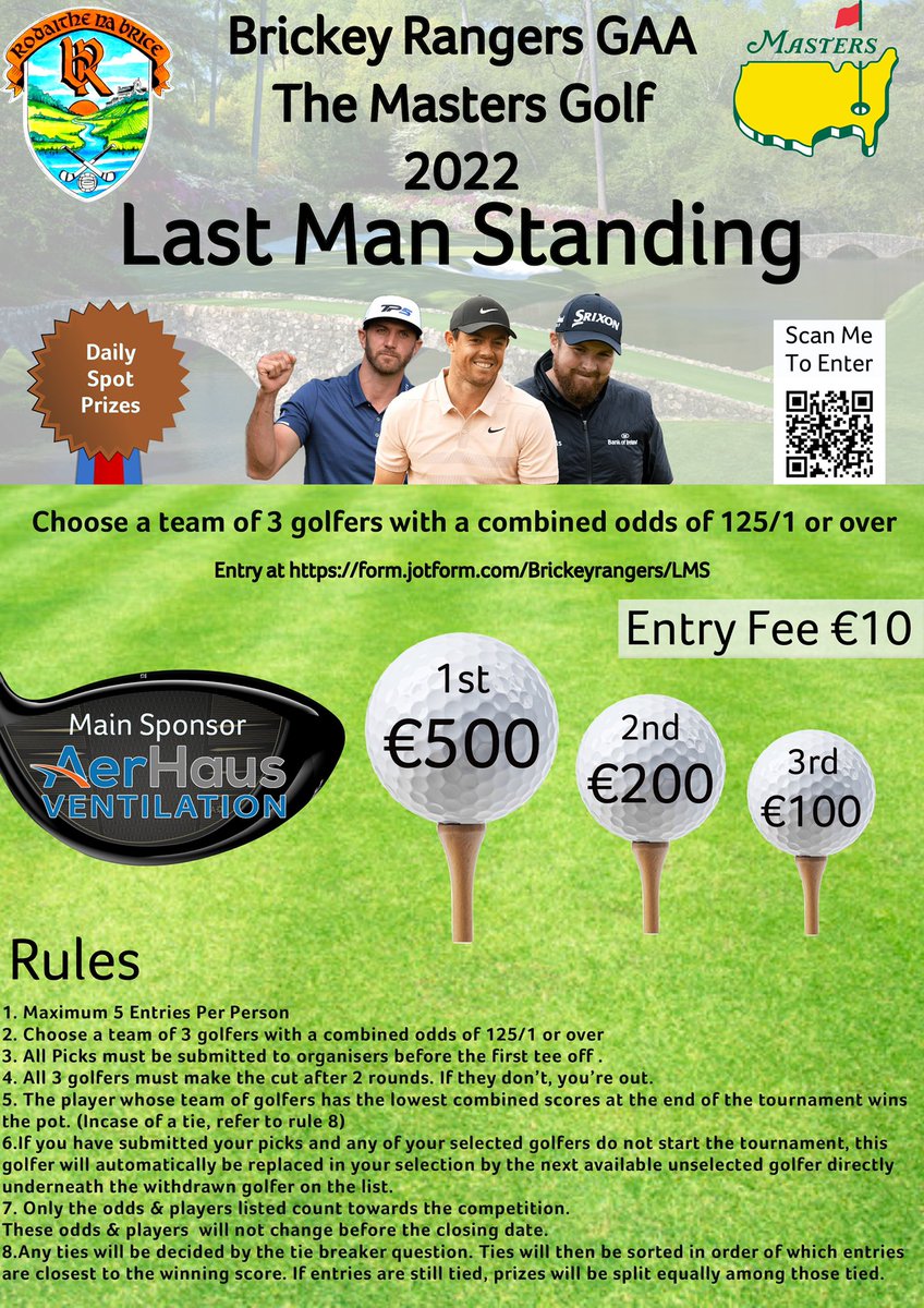 We are delighted to again be bringing you our masters last man standing competition. 
Up to €1000 worth of prizes to be won

Our thanks again to <a href="/AerHausIREUK/">AerHaus</a> for their kind sponsorship of our competition. 

Thanks you and the best of luck!!

form.jotform.com/Brickeyrangers…