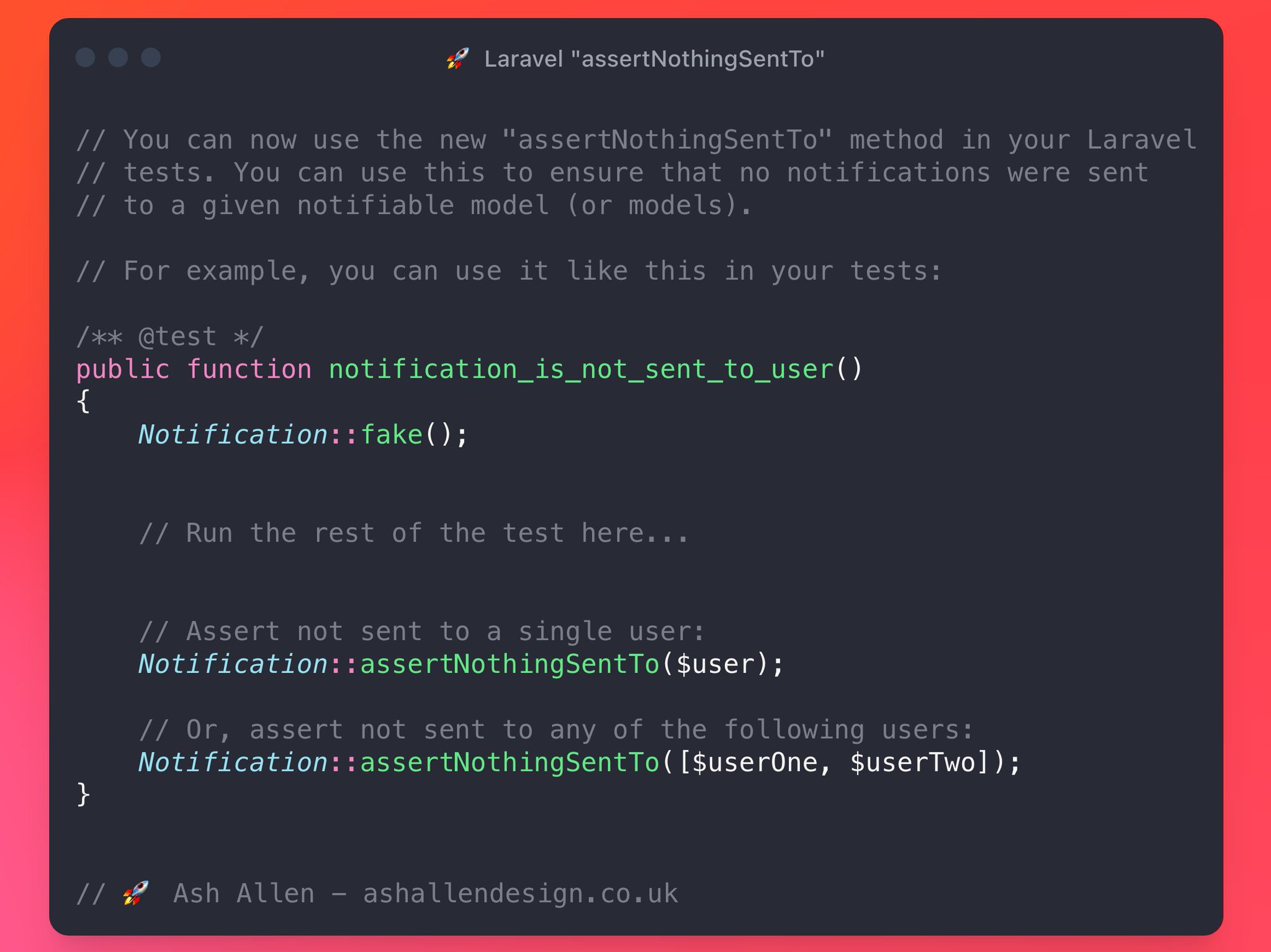 You can use `Notification::assertNothingSentTo()` to check that no notifications were sent to a specific user/notifiable model