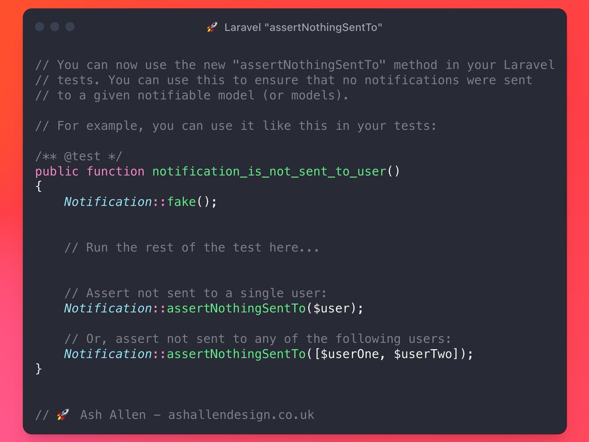 You can use `Notification::assertNothingSentTo()` to check that no notifications were sent to a specific user/notifiable model