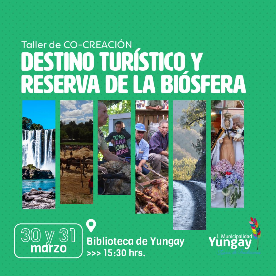🌿 No te pierdas el Taller de Cocreación de Destino Turístico y Reserva de la Biósfera en #Yungay 🌎

Inscripciones al correo electrónico Turismo@yungay.cl o al wtsp +56 9 39466043