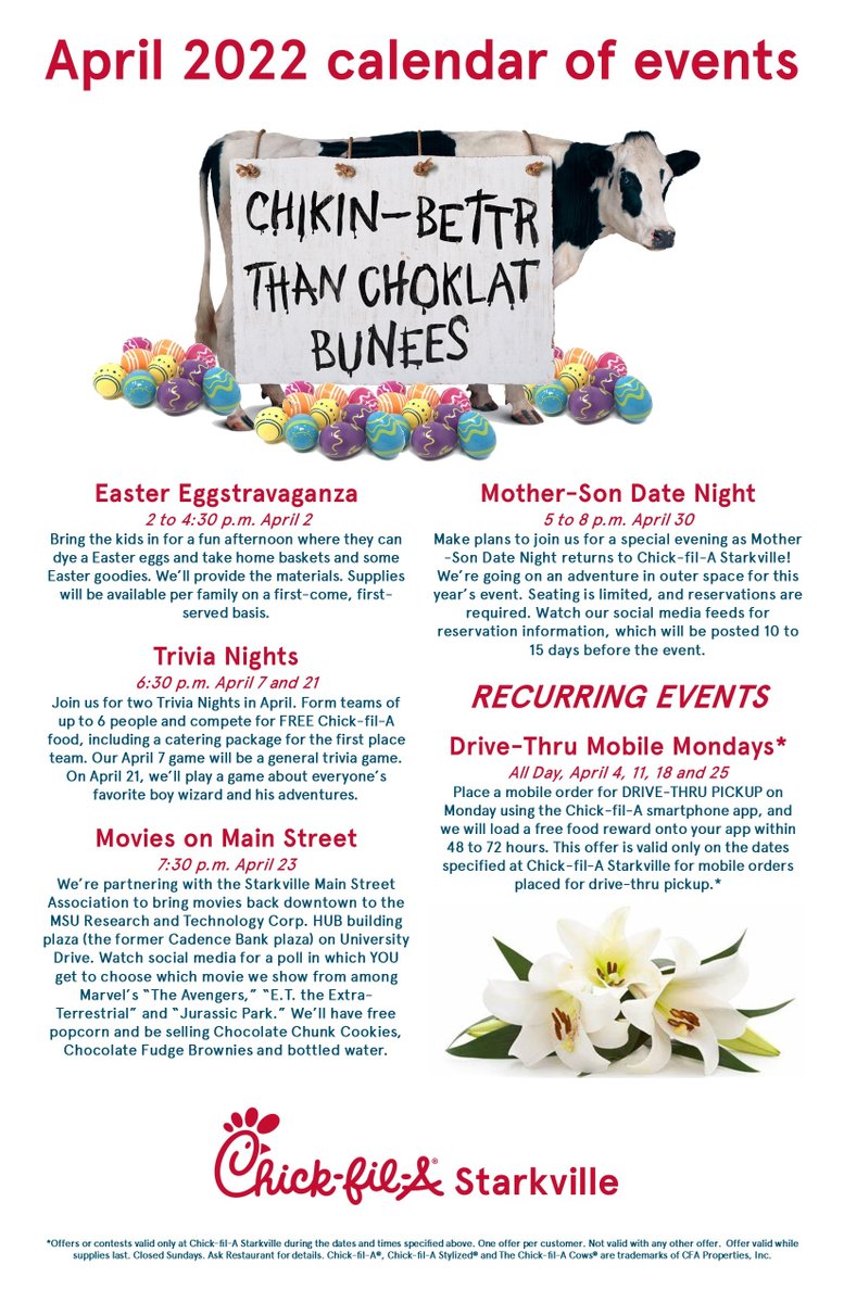 March is drawing to a close, spring has sprung and we're looking at a great month ahead at Chick-fil-A Starkville! 
Check out our April events calendar with this post and make plans to join us at the restaurant and in the community for some awesome events! We'll see YOU soon!