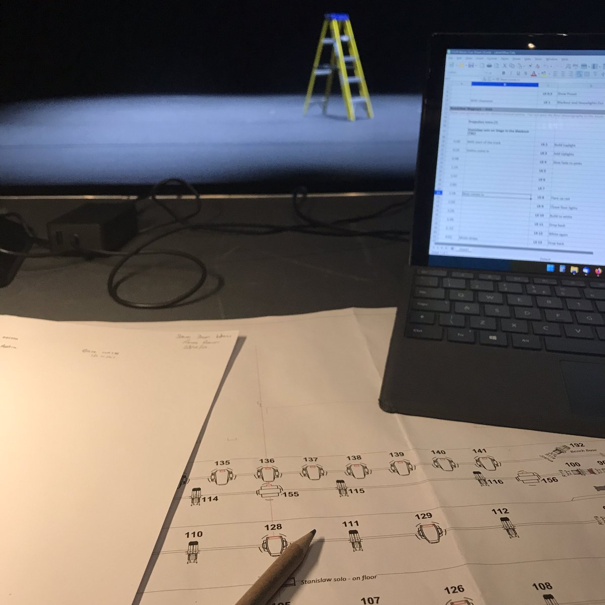 PeterH_LD's tweet photo. The view from the production desk. 

Very happy to be in the Linbury Theatre this week lighting Spring Draft Works for the Royal Ballet. 

#lightingdesign #dance #standinladder https://t.co/yQqFpsFtFY