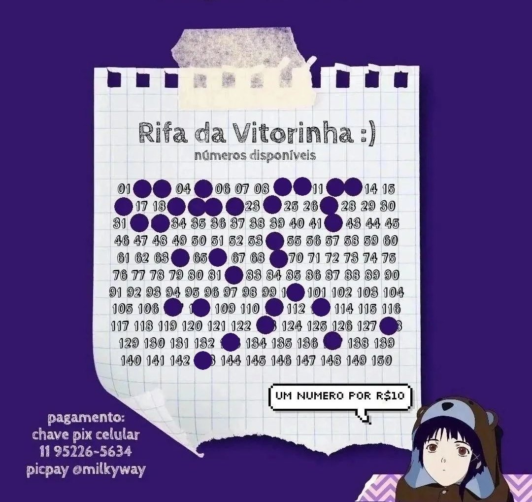 matori_art's tweet photo. Gente, é o seguinte: O prêmio atual da minha rifa é R$300. Se TODOS os números forem comprados, eu aumento o prêmio pra R$500. São 150 números, R$10 cada número. Sorteio em live dia 20/04 no meu ig (@/toritorinha) às 20h.
Segue os números disponíveis: https://t.co/cQCQb6EJBc