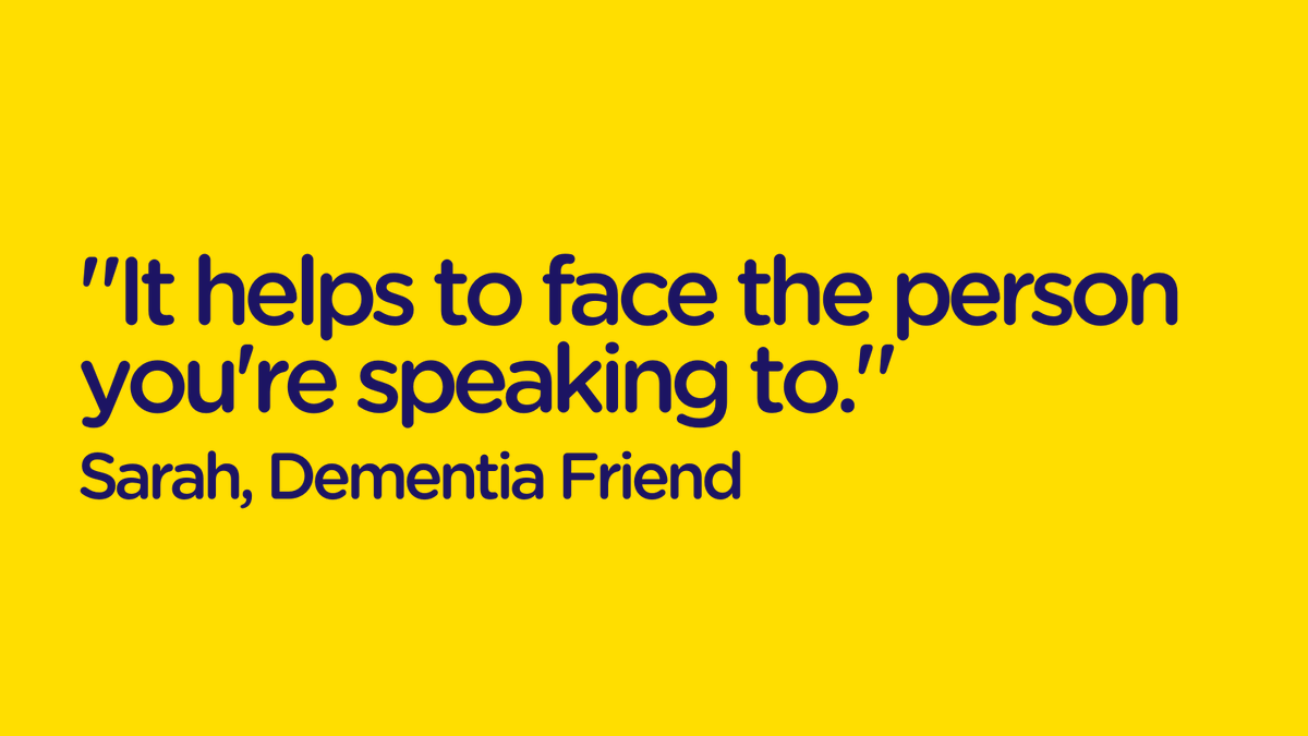 DementiaFriends's tweet photo. Body language is important when communicating with someone who has dementia.

If someone is feeling confused or upset, friendly body language such as facing the person and smiling can help provide reassurance😊

Thank you to Dementia Friend Sarah for sharing this tip. https://t.co/Vkb4p2KOmr