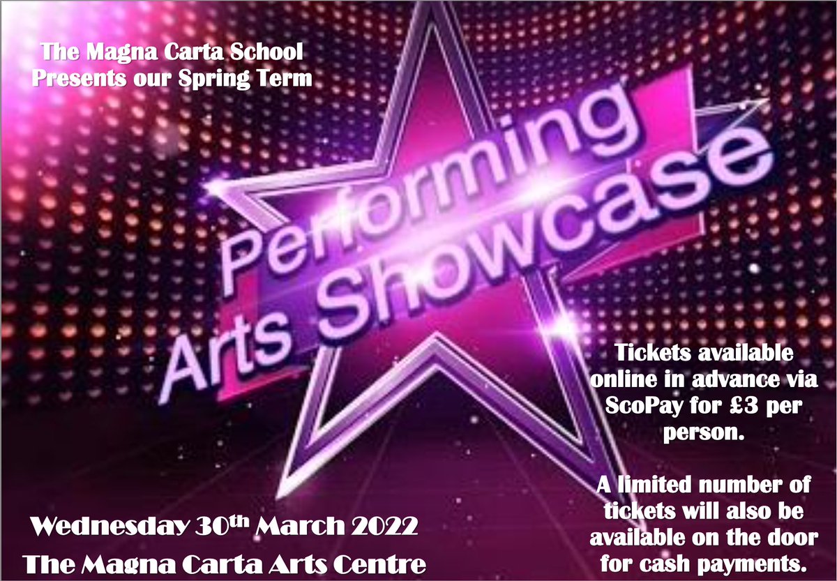 If you're free on Wednesday evening this week, why not come along and support our fantastic Dancers, Actors, Musicians, Singers and Artists who are showcasing their work. Curtain up 6pm <a href="/MagnaCartaSch/">Magna Carta School</a> <a href="/PvaFacultyTMCS/">TMCS PVA Faculty</a>