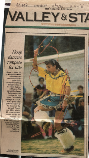 GingerForAZ's tweet photo. How it started (high school me, 1996) vs. how it's going (my daughter, 2022), both competing at the @HeardMuseum World Championship Hoop Dance Contest, both on the front page of the Valley &amp; State section in the Arizona Republic / @azcentral!!! https://t.co/UuUEvDjCPb