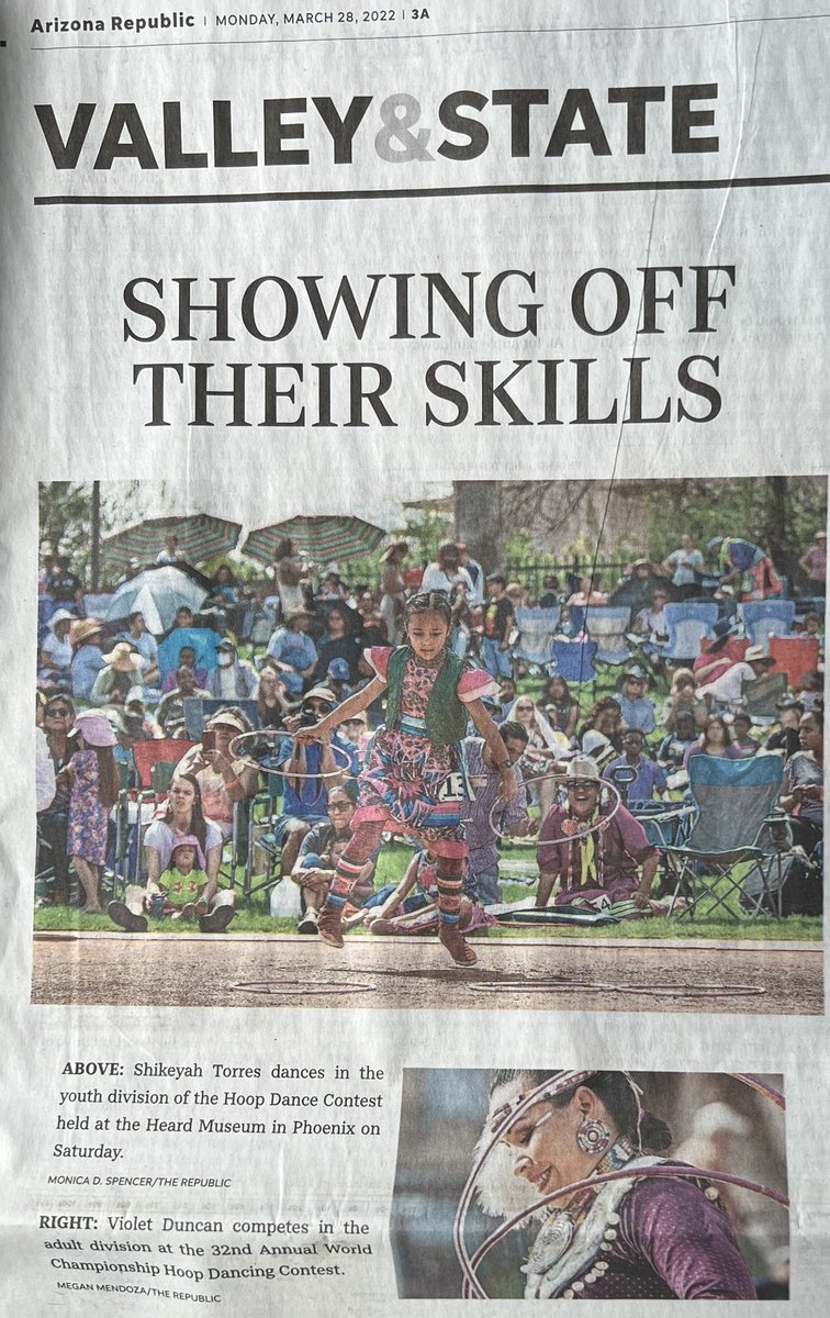 GingerForAZ's tweet photo. How it started (high school me, 1996) vs. how it's going (my daughter, 2022), both competing at the @HeardMuseum World Championship Hoop Dance Contest, both on the front page of the Valley &amp; State section in the Arizona Republic / @azcentral!!! https://t.co/UuUEvDjCPb