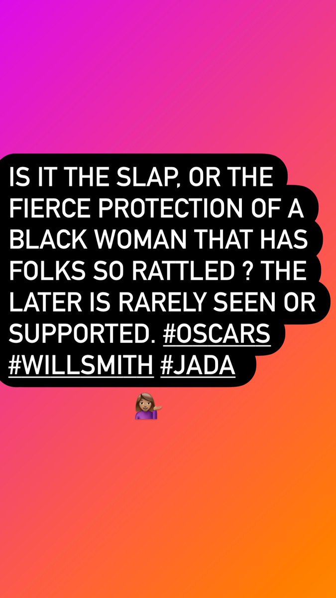 BeckerDeana's tweet photo. ONE thing no one is talking about is the utter lack of care, respect and empathy for the pain of a Black woman. It’s become about everything but her. Being a Black woman, I’m not surprised. #Jada #Oscars #willsmith #chrisrock #protectblackwomen https://t.co/W7V2XK3bRT