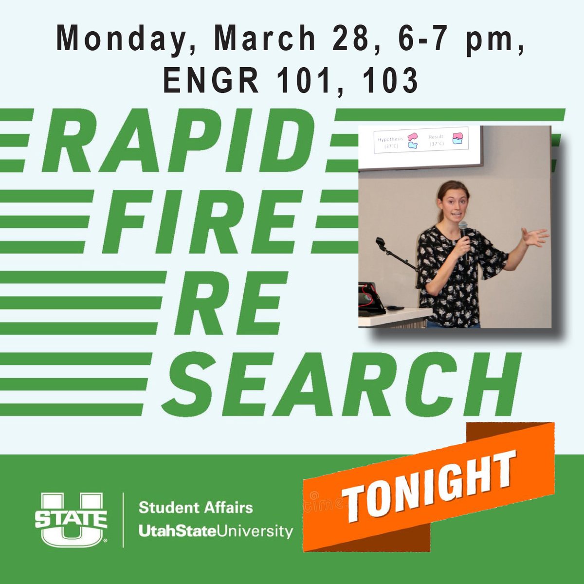 TONIGHT: 4 MINUTES + 4 SLIDES = A BIG IDEA! All are welcome Monday, March 28, 6 pm in ENGR 101-103, to hear USU students present their RAPID FIRE RESEARCH. @USU_grad <a href="/USU_UR/">USU Undergrad Research</a> @CNRUSU