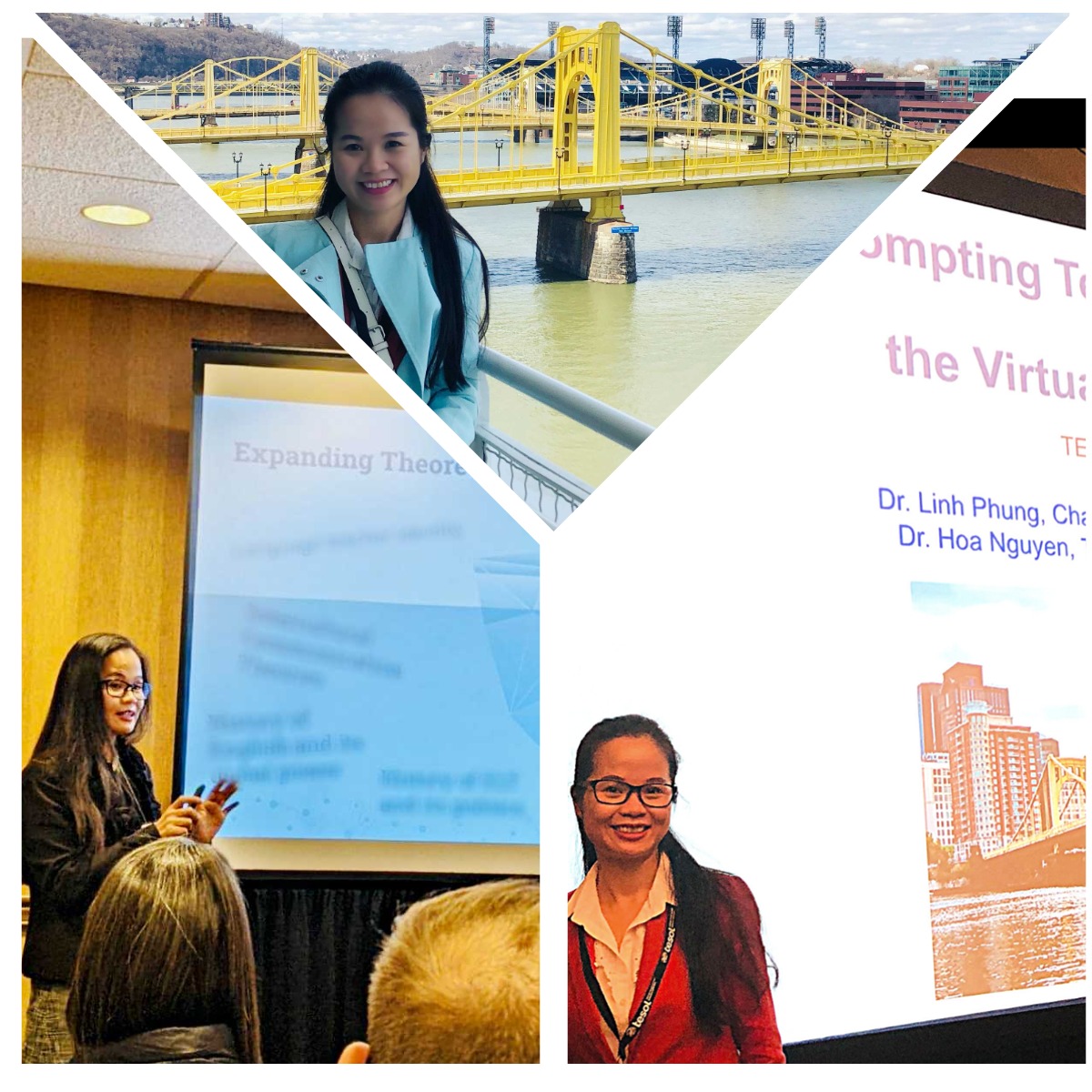 ColumbiaALTESOL's tweet photo. Day 2 of #TCatTESOL continued with #ALTESOLfaculty Dr. Hoa Nguyen bridging theories to practice regarding output-prompting and output-based tasks in online instruction (with the help of Pittsburgh's signature bridges🤣). @TESOL_Assn @NYSTESOL #TESOL2022 https://t.co/550NQ4h8Mo