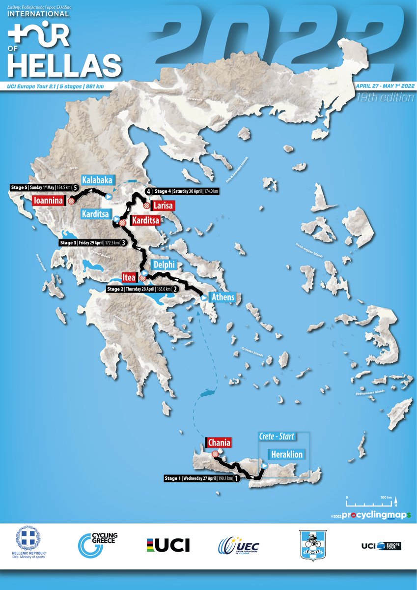 ProCyclingMaps's tweet photo. ☀️🇬🇷 ΔΕΗ Int. Tour of Hellas 2022
��️Official overall map by Procyclingmaps
📆April 27th to May 1st 2022
📏859km & 5 stages
🥈@EuropeTourUCI 2.1
#TourofHellas #ToH2022 #ToH #Cycling #Greece #TourofGreece #UCI #Procyclingmaps https://t.co/YbYkd6WSIy