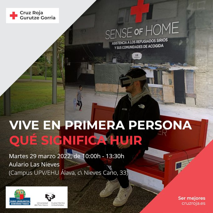 CruzRojaAlava's tweet photo. Mañana martes 29 de marzo estaremos de 10:00h a 13:30h en el aulario Las Nieves de Vitoria-Gasteiz con nuestro banco de realidad virtual, simulando lo que es vivir en un campo de personas refugiadas.

¡No te lo pierdas!

#CruzRoja #SenseofHome https://t.co/go05c6pAv1