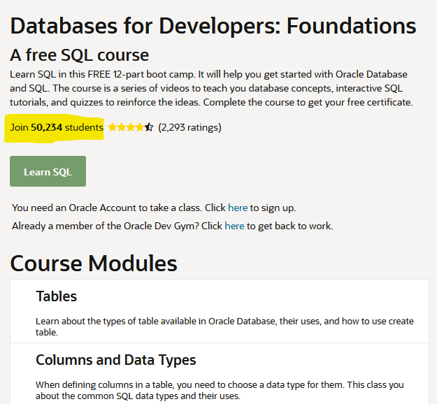 ChrisRSaxon's tweet photo. Wow!

We've just passed 50,000 people joining my #SQL beginner's course on Oracle Dev Gym

If you want to learn the basics of SQL this is a great place to start - it's FREE!

Join at

https://t.co/B4RJwVPFMy https://t.co/YwRHoXCbly