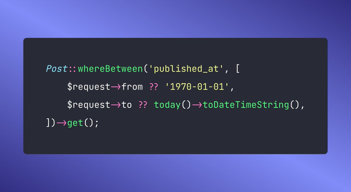 You can use use `whereBetween` to filter for records between two timestamps