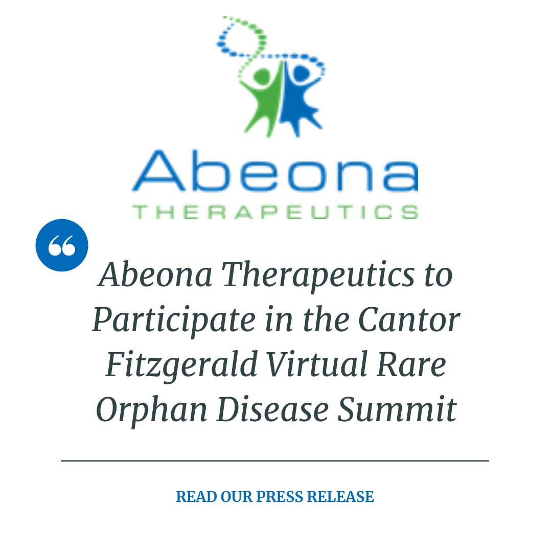 Abeona CEO Vish Seshadri, Ph.D., will participate in a panel discussion on cell therapies and rare diseases at the Cantor Fitzgerald Virtual Rare Orphan Disease Summit. 

Read our press release: bit.ly/3DqBT64