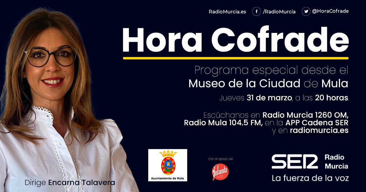 🎙️Esta tarde hablaremos sobre la #SemanaSanta de #Mula en un programa especial <a href="/horacofrade/">HoraCofrade</a>.  Dirige <a href="/enca_talavera/">Encarna Talavera</a> 

<a href="/radiomulaSER/">Radio Mula</a> <a href="/turismodemula/">Turismo de Mula</a> @AyuntamientMula  
Apoya <a href="/YolandaCocina/">YolandaCocina</a>