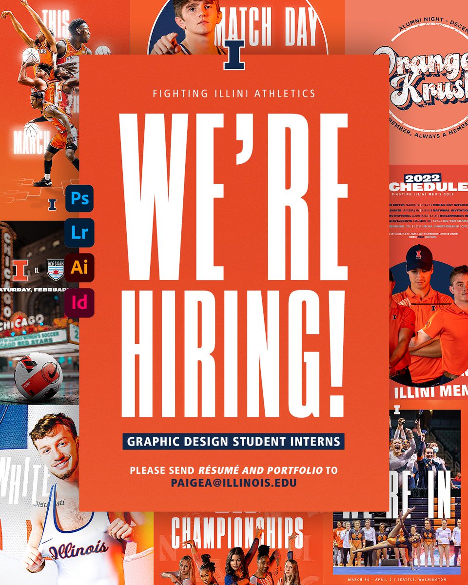 𝐃𝐞𝐬𝐢𝐠𝐧 𝐈𝐧𝐭𝐞𝐫𝐧𝐬 💻
-Create graphics for our sports' social media accounts
-Create print materials such as signs and posters
-Work with Marketing department on ads and promotion collateral
-Opportunity to work select Illinois Athletics events
-10-20 hrs/week

#Illini