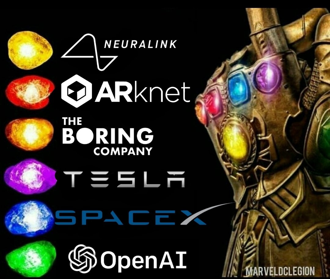 MyArKnet's tweet image. Does anyone else believe that @elonmusk is working to collect all of the Earth&apos;s infinity stones? He is close...

$TTCM #ARknet #Tesla #SpaceX #TheBoringCompany #OpenAI #Neuralink