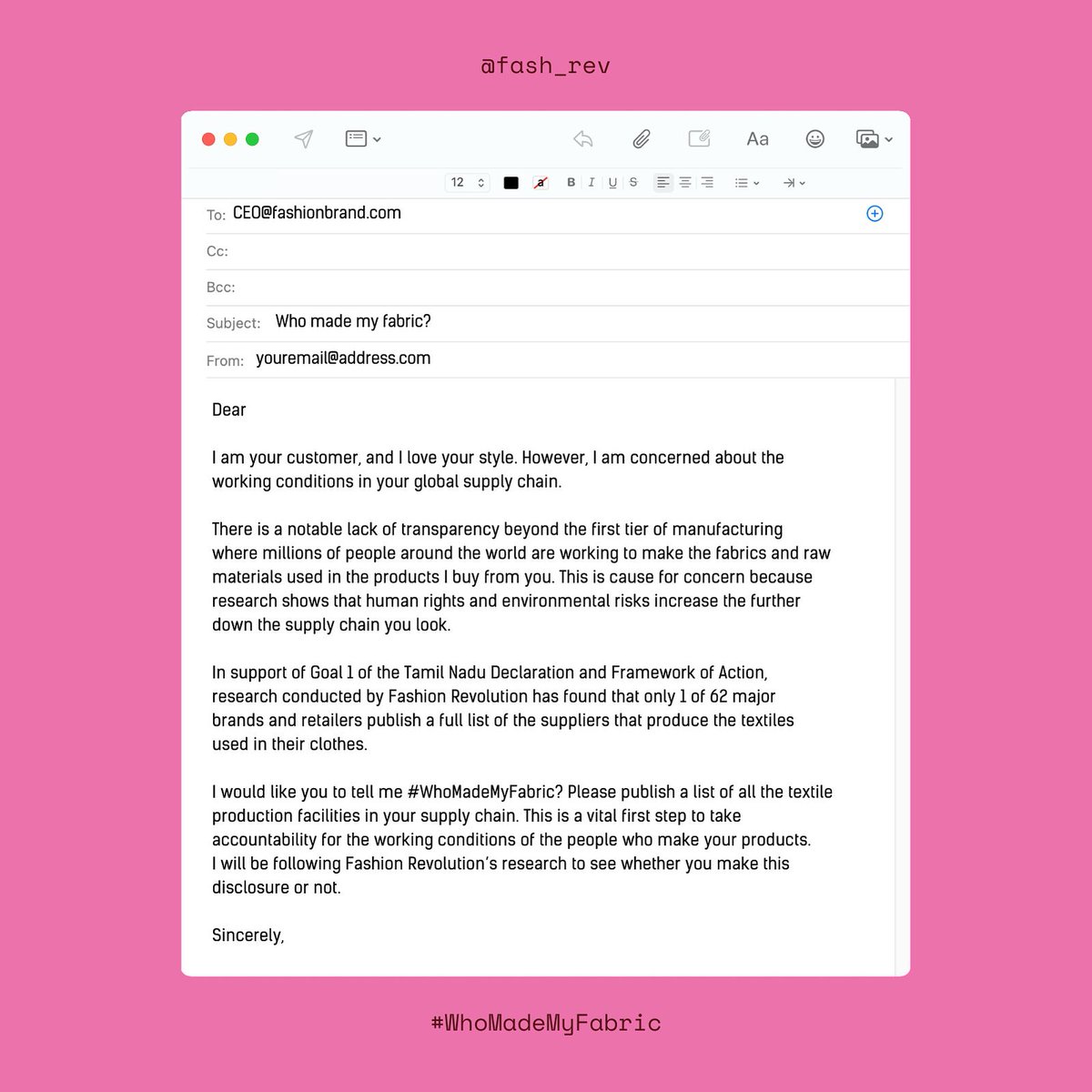 Start your Monday off STRONG! Send this email to your favorite brands to demand for transparency. 

#fashionrevolution
#fashionrevolutionweek
#whomademyclothes 
#whomademyfabric