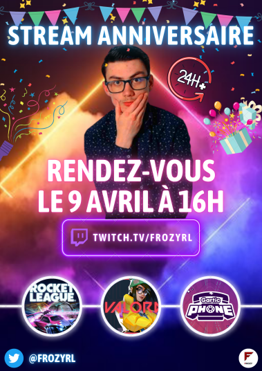 FrozyRL's tweet photo. 🎉FrozyRL, 1 an de +🎉

🥳À l'occasion de mes 19 ans, je vous propose de les fêter comme il se doit avec un live plus long que d'habitude ! Ça va geeker fort🤓
 
-24H mini
-5 subs 1H de + oui oui !

🗒️Au programme : du classé, des pp , des tournois, et bien plus encore !
🎂 https://t.co/LW8mKhDTqu