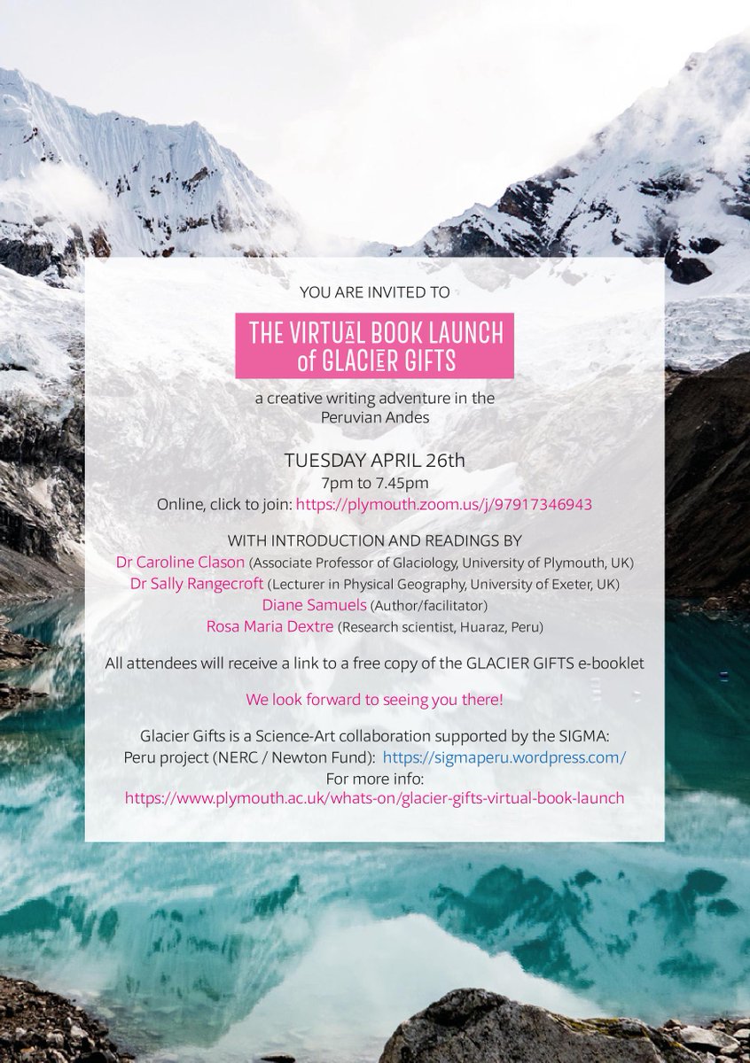 Excited to announce we'll shortly be releasing a *FREE* new e-book, Glacier Gifts, creatively exploring the glaciers, landscapes, &amp; culture of the Peruvian Andes. Join our online launch event on 26th April to learn more! Part of the <a href="/sigmaperu/">SIGMA: Peru</a> project. 🇵🇪❄️plymouth.ac.uk/whats-on/glaci…