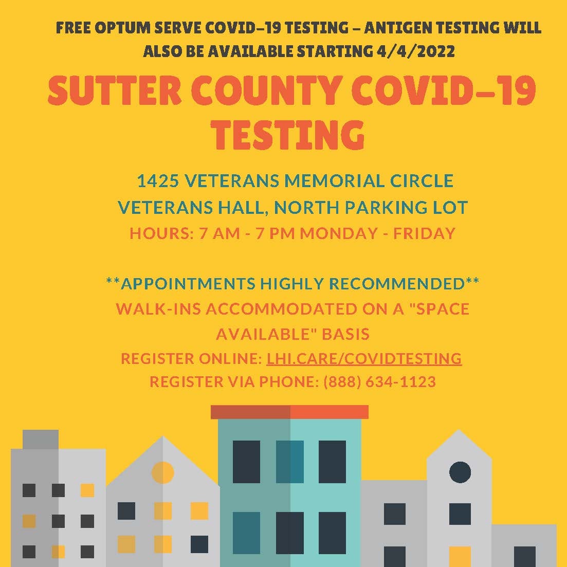 CountyofSutter's tweet image. Beginning April 4, Sutter County COVID-19 testing site at Veterans Hall Yuba City, will add option for free rapid result antigen tests in addition to free PCR tests. Appointments recommended. LHI.CARE/COVIDTESTING. Walk-ins accommodated on a space available basis.