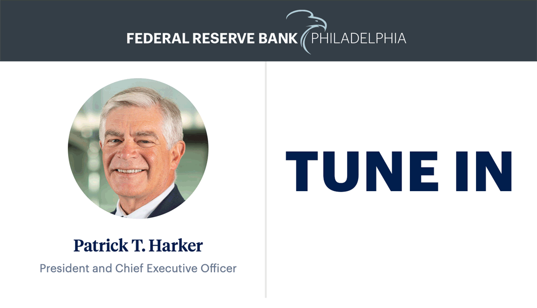 philadelphiafed's tweet photo. TUNE IN: Philadelphia Fed President Patrick Harker will join @CNBC live tomorrow at 2:40 pm ET to discuss his economic outlook and monetary policy views. https://t.co/TJuBB1zB1t