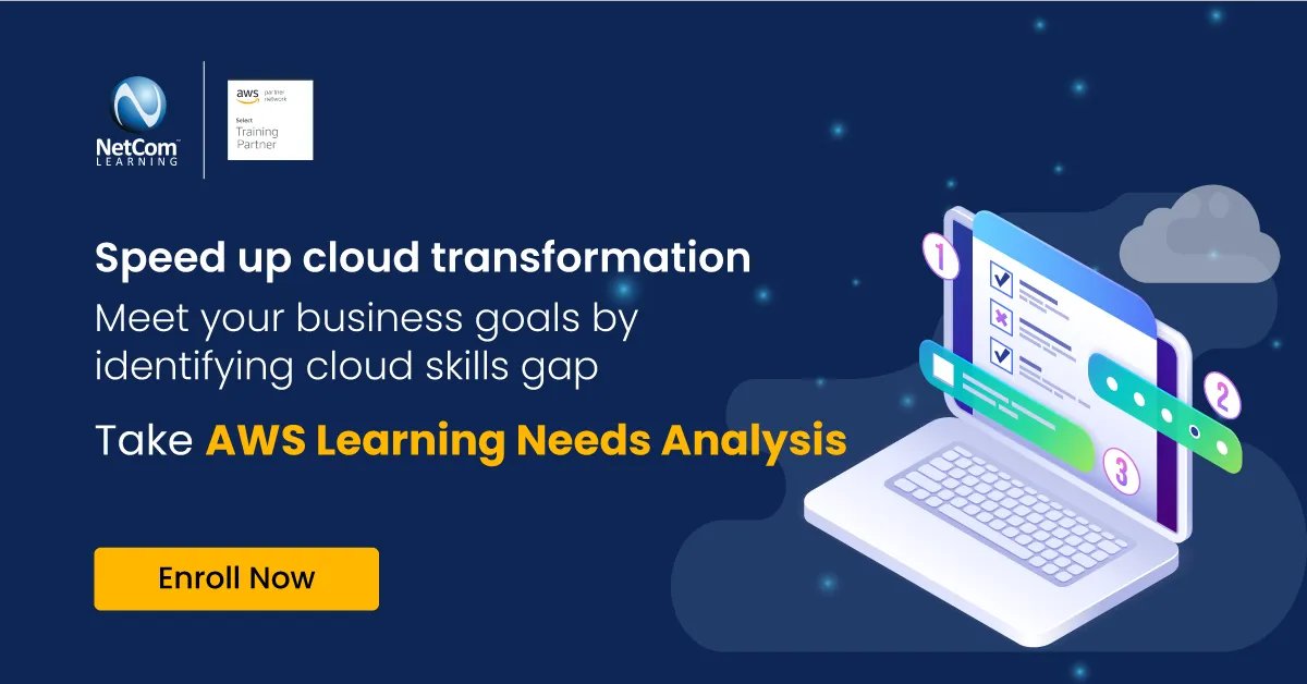 NetComLearning's tweet image. Take a leap towards data-driven cloud training planning for your team. Get AWS Learning Needs Analysis and identify the skills gap in your team.

Start now: bit.ly/3pvlHsd

#AWSLNA #LearningNeedsAnalysis #CloudSkillsGap #AWSCloud #AWSTraining #CloudTraining