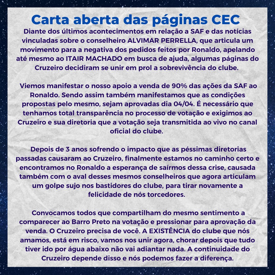 conexaocec's tweet photo. CARTA ABERTA🚨✉️
#FechadoComORonaldo #FechadoComOCruzeiro https://t.co/2QHO0mC0K9