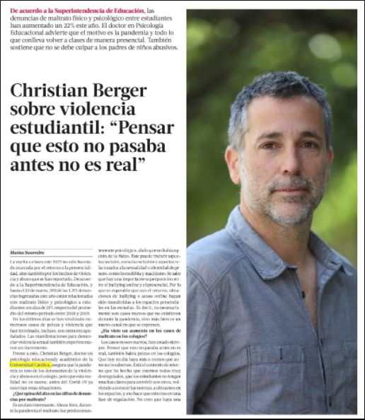 📚 Sobre los factores que inciden en la #ViolenciaEscolar. Christian Berger, docente <a href="/Psicologia_UC/">Psicología UC</a> se refiere a los efectos de la pandemia. "Los protocolos se ocupan cuando aparece el problema. Tenemos que pensar en prevención. Lee la entrevista en 👉bit.ly/3uyNyM7