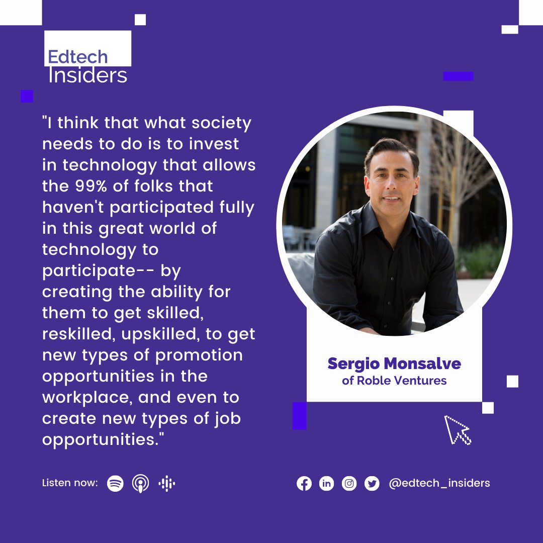 Wise words from Latinx VC Sergio Monsalve of Roble Ventures on the Edtech Insiders podcast. In this episode, Sergio discusses his investment theses, the rise of Latinx entrepreneurs in Edtech and the secret sauces behind Edtech giants like @Udemy and <a href="/Kahoot/">Kahoot!</a>!