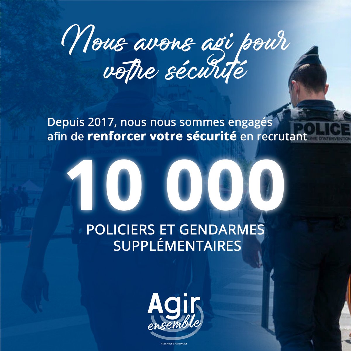 Pour votre sécurité, pour notre sécurité, nous avons renforcé la présence des forces de l’ordre sur le terrain en recrutant, en cinq ans, 10 000 gendarmes et policiers supplémentaires.

C’est ça agir pour votre sécurité du quotidien.