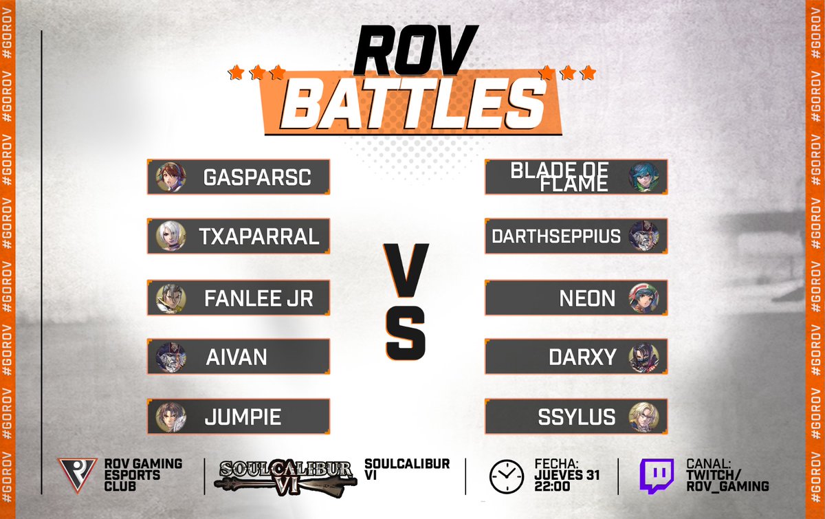 #ROVBattles ⚔️

🔶 Os traemos el nuevo evento de esta semana donde haremos un #TeamBattle de España vs UK de #SCVI 

🇪🇸 @GasparSC3 <a href="/txaparral/">Lander</a> <a href="/Fanlee_Jr/">FANLEE Jr.</a> <a href="/Aivancitu/">Aivin</a> <a href="/JumpieJin/">Jumpie</a> 

🇬🇧 <a href="/Blade_of_Flame/">Blade_of_Flame</a> <a href="/DarthSeppius/">ELF | DarthSeppius</a> <a href="/NeonFGC/">Neon</a> <a href="/Darxity_/">Sheryl / Darxy</a> <a href="/Ssylus1/">SsyluS</a> 

¿Quién creéis que ganará? 🔥