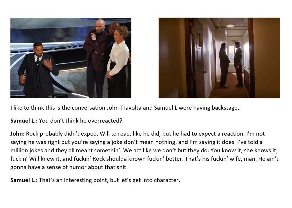 BrandonWHowell's tweet image. #oscars #WillSmith #ChrisRock #JadaPinkettSmith #Oscar2022 #SamuelLJackson #JohnTravolta #PulpFiction @SamuelLJackson @ringer