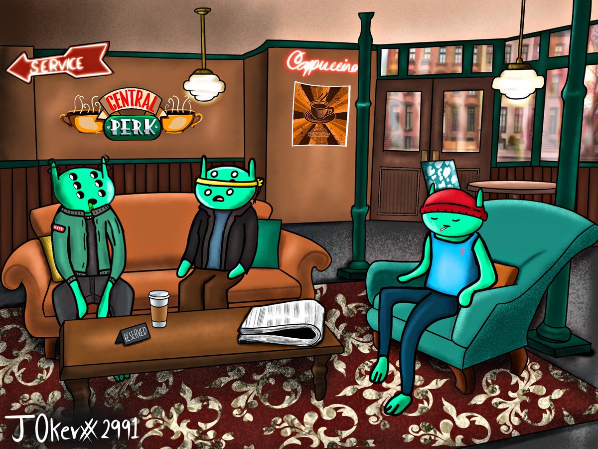 S4rah_q's tweet photo. Hanging with my frens 😏☕️ @alienfrens  #frenart posted on ig as well https://t.co/0mDcELxlKK https://t.co/XtdA26AG5g