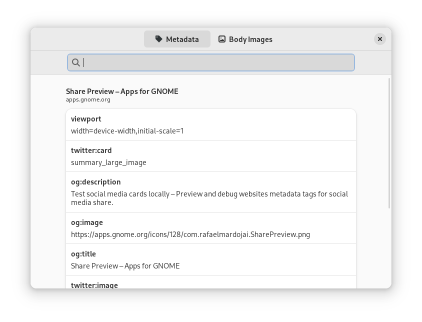 rafaelmardojai's tweet photo. Share Preview 0.2.0 is out.
It was updated to latest libadwaita changes and brings a new separate dialog for inspecting metadata. https://t.co/hNsVaYNpj2
