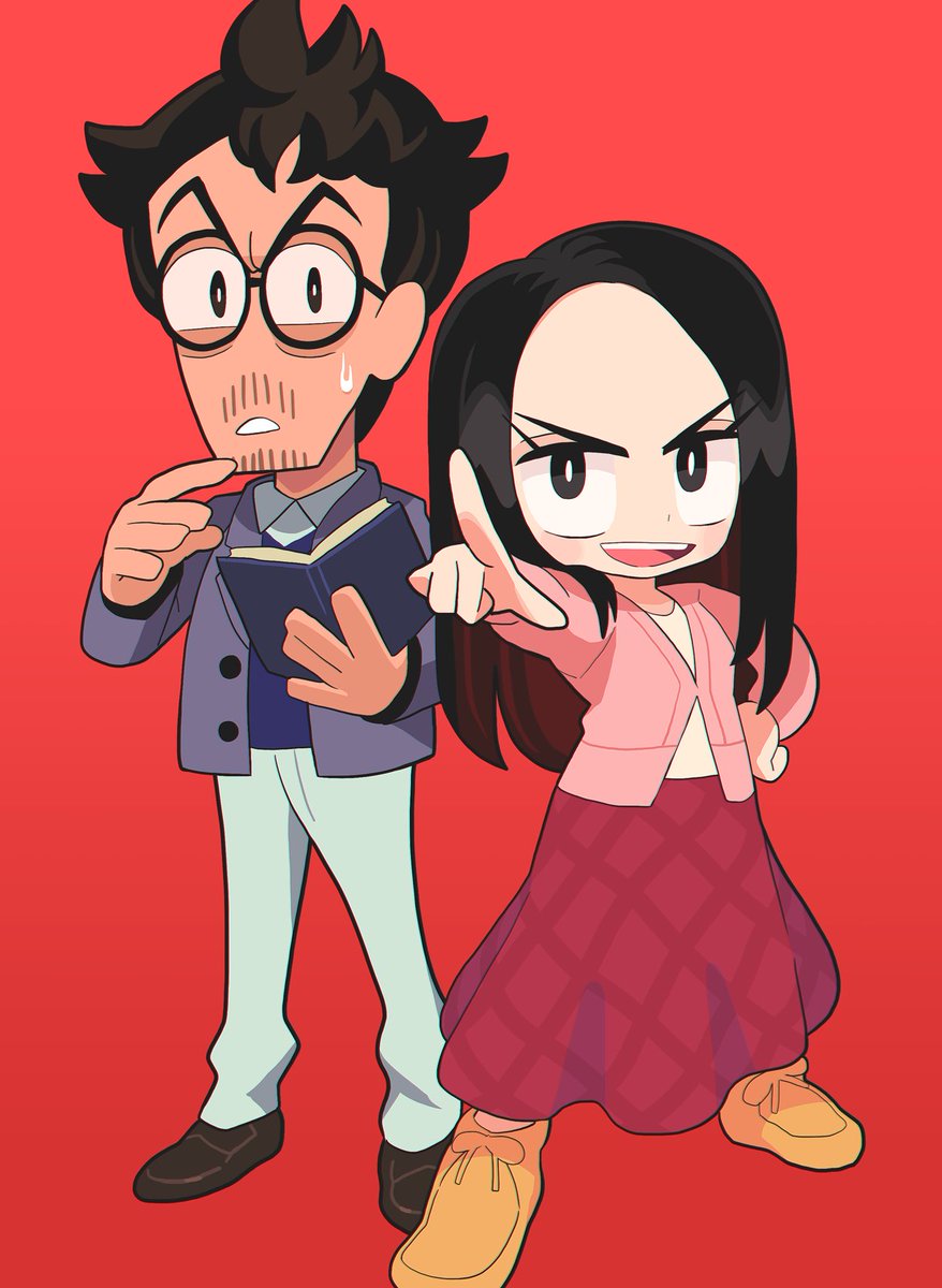 1girl 1boy pointing glasses black hair facial hair book  illustration images