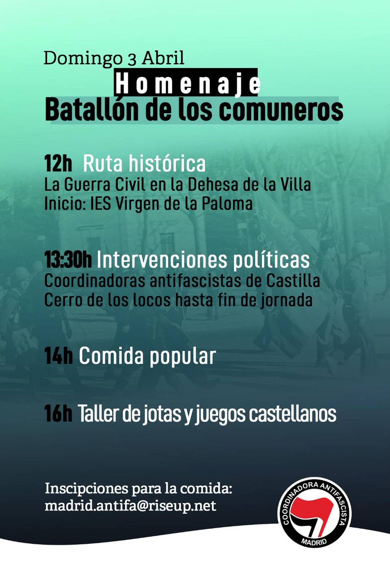 [HOMENAJE]

Este domingo 3 de abril tendrá lugar el homenaje a las milicias antifascistas del Batallón de los Comuneros. Se realizarán distintas actividades para seguir recordando y aprendiendo de las experiencias de lucha antifascista.

¡El mejor homenaje es continuar la lucha!