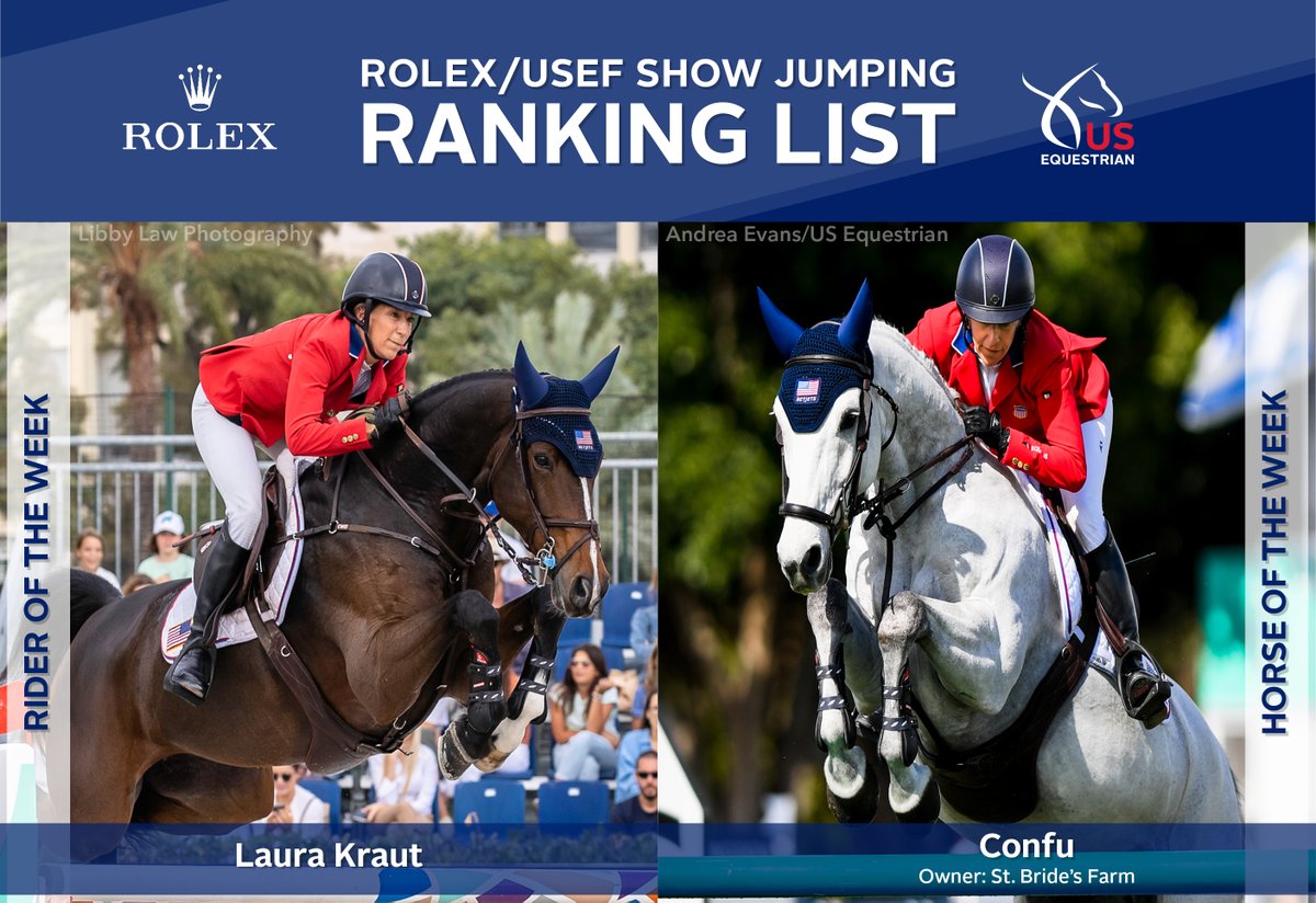 Laura Kraut and Confu (Contact Me x Riga II, Cambridge 8) are your rider and horse of the week after top placings at WEF Week 10 in Wellington, FL! #USAJumping
 
View the full <a href="/ROLEX/">ROLEX</a>/ USEF Show Jumping Ranking List:
usef.org/compete/rankin…